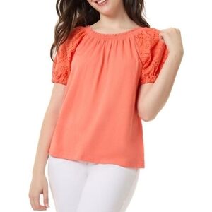 Jones New York Orange Puff Sleeve Ruched Blouse, SMALL